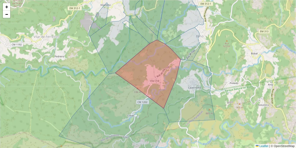 Mapa detalhado do código postal 4880-087 com limites, códigos postais vizinhos e agências dos correios