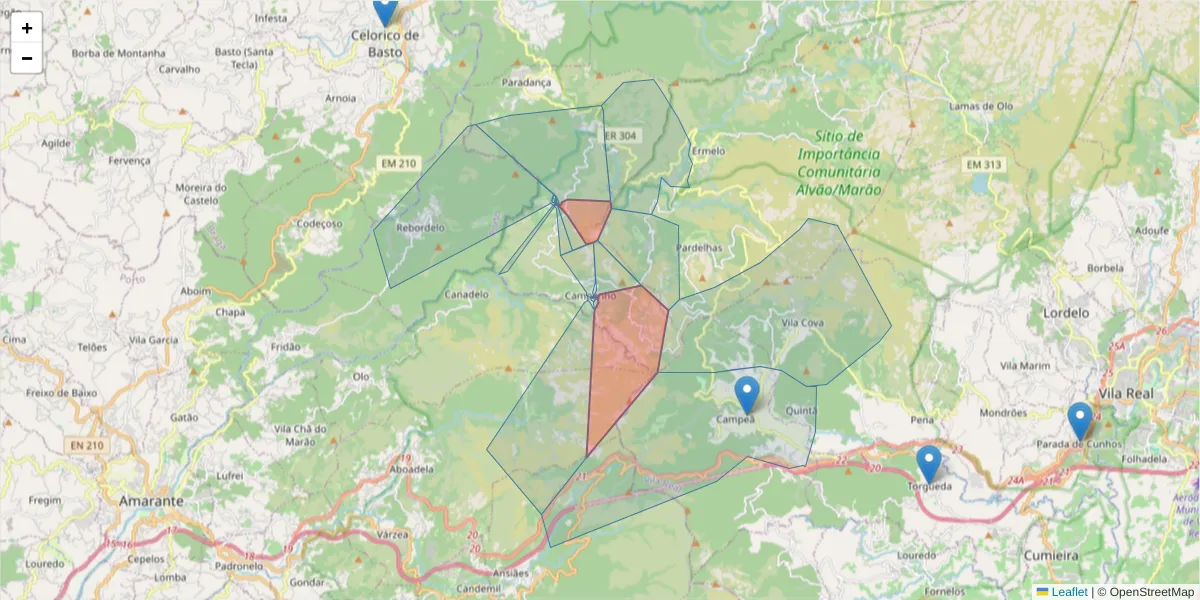 Mapa detalhado do código postal 4880-091 com limites, códigos postais vizinhos e agências dos correios