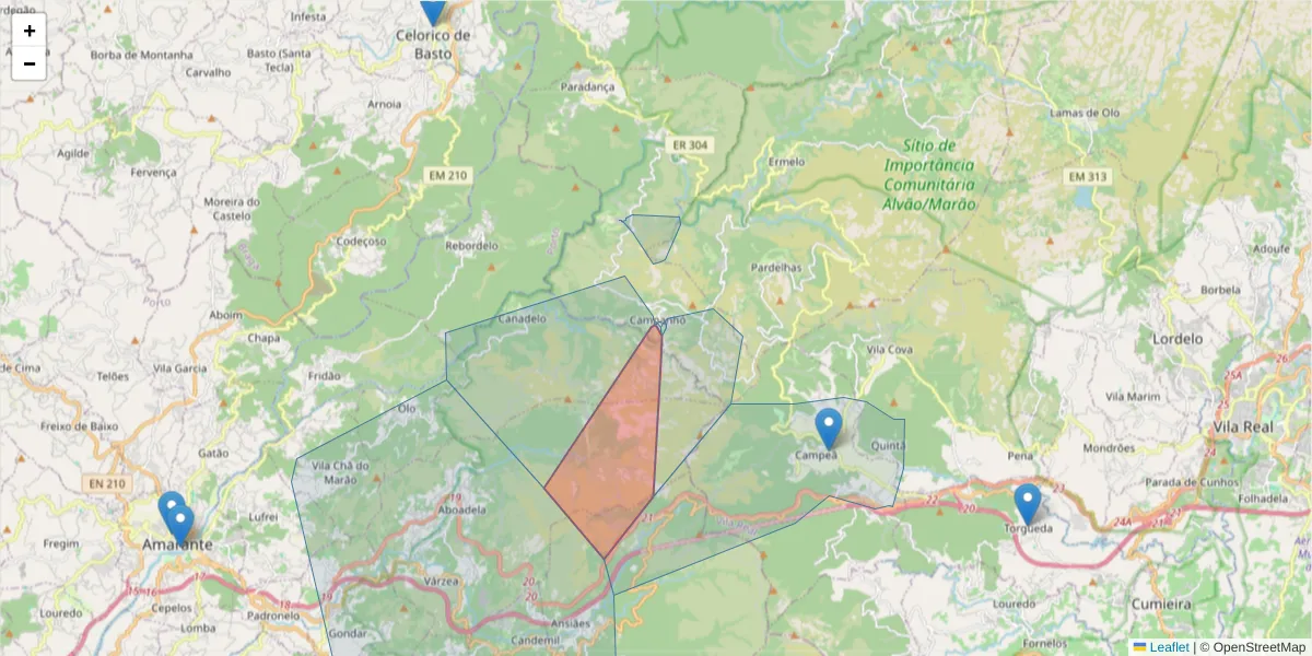 Mapa detalhado do código postal 4880-097 com limites, códigos postais vizinhos e agências dos correios
