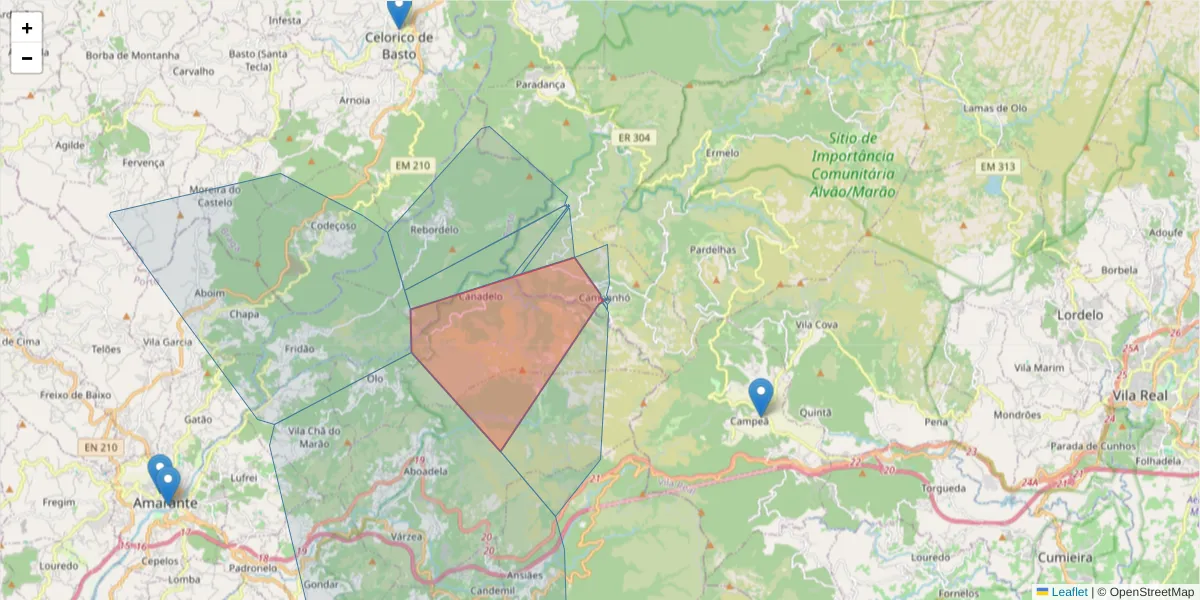 Mapa detalhado do código postal 4880-099 com limites, códigos postais vizinhos e agências dos correios