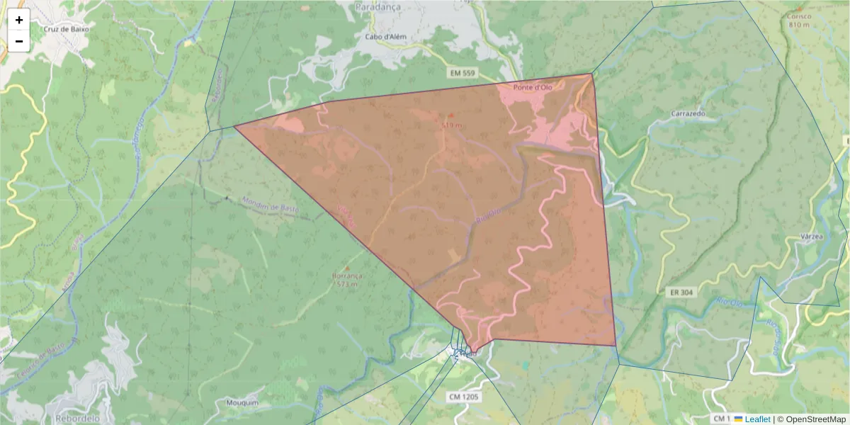 Mapa detalhado do código postal 4880-102 com limites, códigos postais vizinhos e agências dos correios