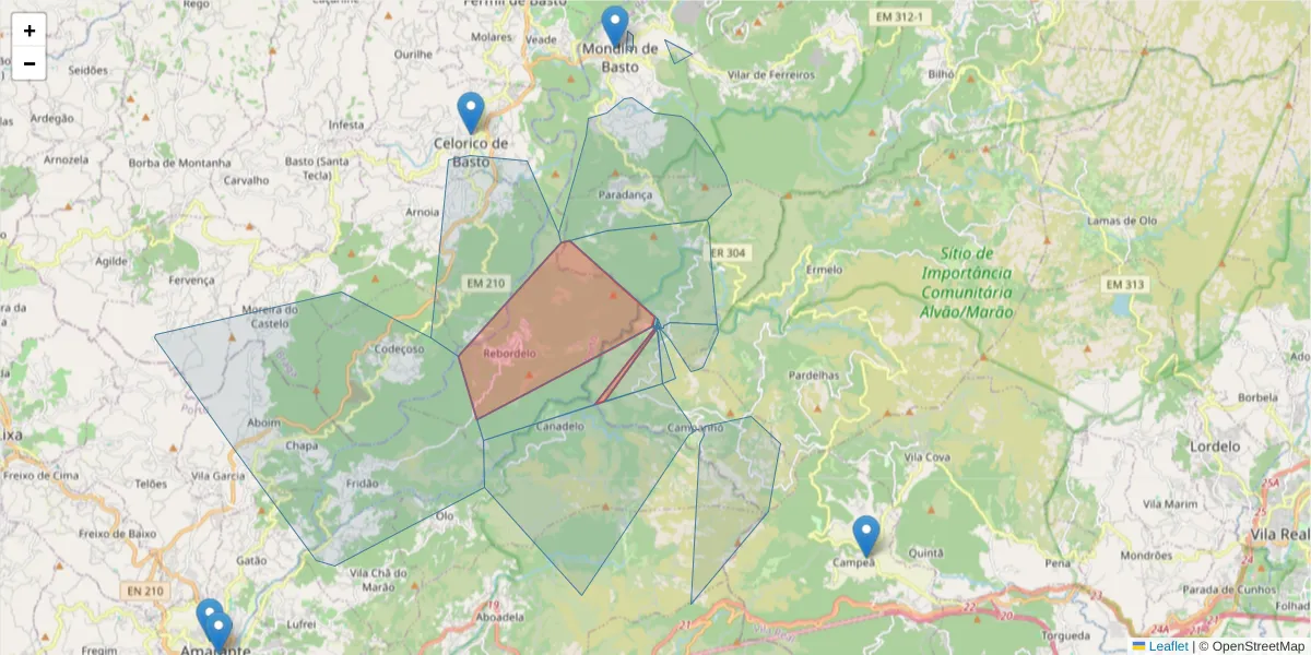 Mapa detalhado do código postal 4880-104 com limites, códigos postais vizinhos e agências dos correios