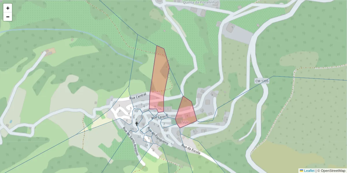 Mapa detalhado do código postal 4880-110 com limites, códigos postais vizinhos e agências dos correios