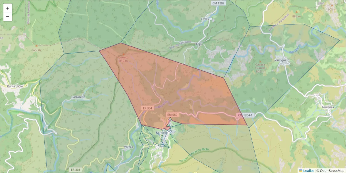 Mapa detalhado do código postal 4880-131 com limites, códigos postais vizinhos e agências dos correios