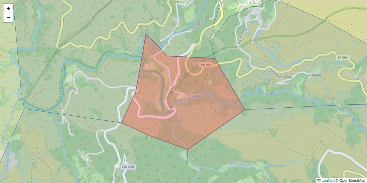Mapa detalhado do código postal 4880-135 com limites, códigos postais vizinhos e agências dos correios
