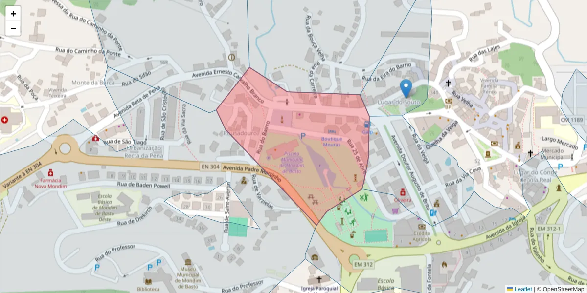 Mapa detalhado do código postal 4880-164 com limites, códigos postais vizinhos e agências dos correios