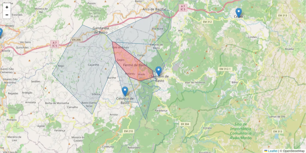 Mapa detalhado do código postal 4880-188 com limites, códigos postais vizinhos e agências dos correios