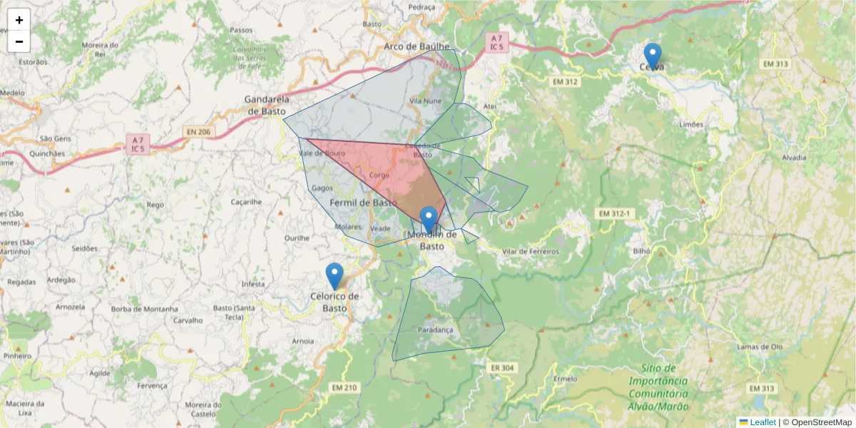 Mapa detalhado do código postal 4880-197 com limites, códigos postais vizinhos e agências dos correios