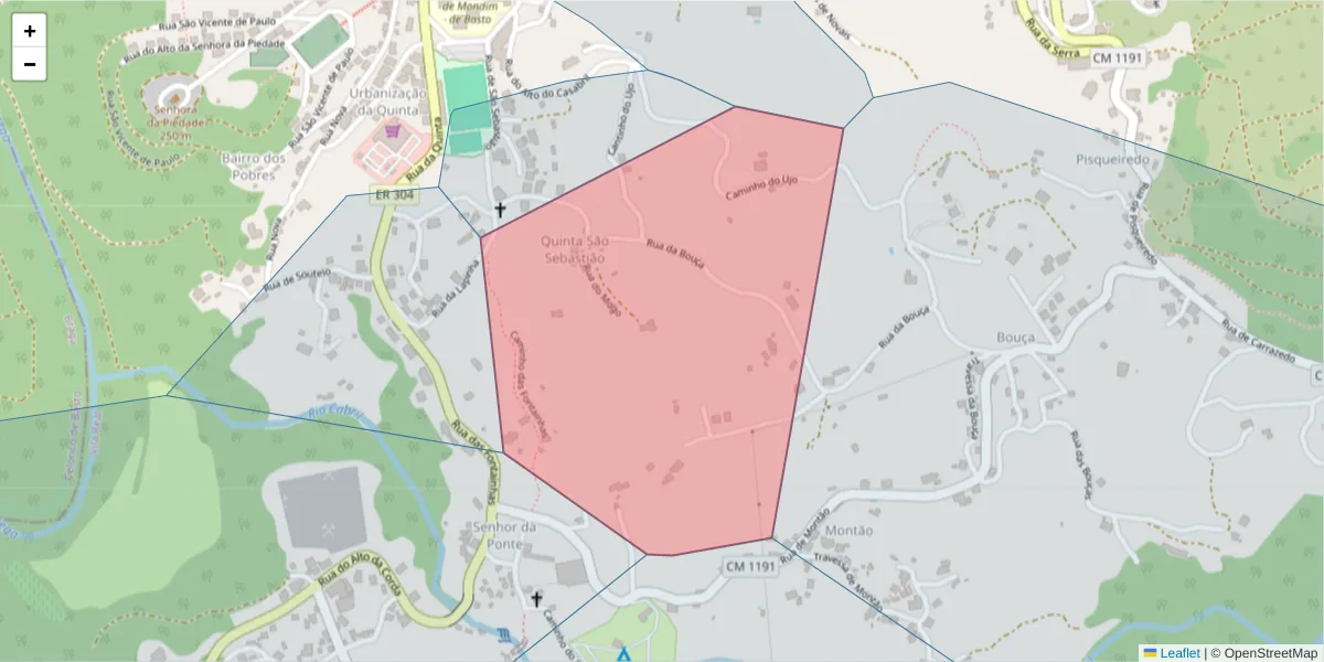 Mapa detalhado do código postal 4880-200 com limites, códigos postais vizinhos e agências dos correios