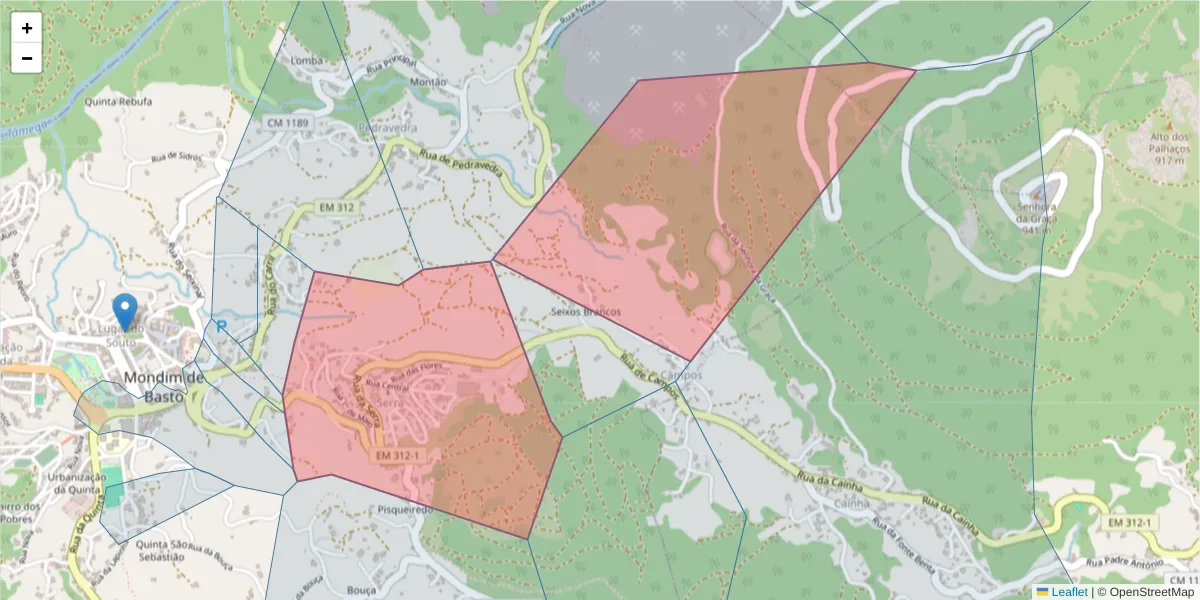 Mapa detalhado do código postal 4880-204 com limites, códigos postais vizinhos e agências dos correios