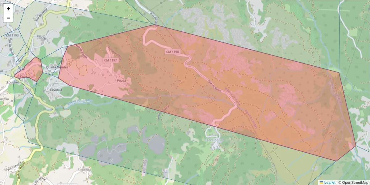 Mapa detalhado do código postal 4880-211 com limites, códigos postais vizinhos e agências dos correios
