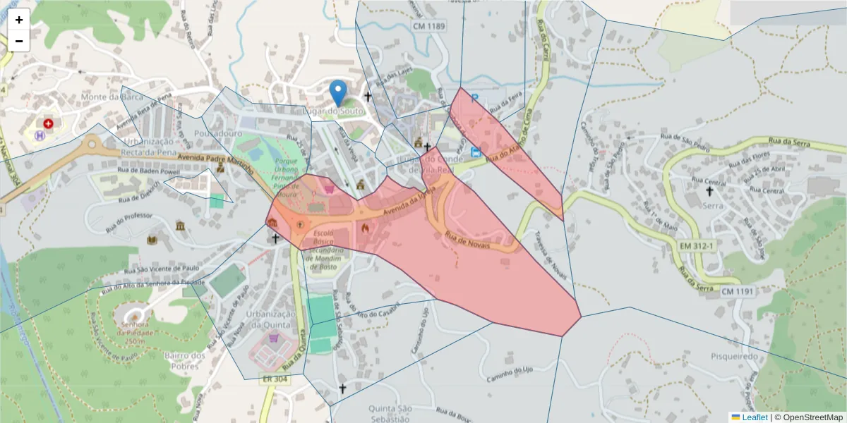 Mapa detalhado do código postal 4880-231 com limites, códigos postais vizinhos e agências dos correios