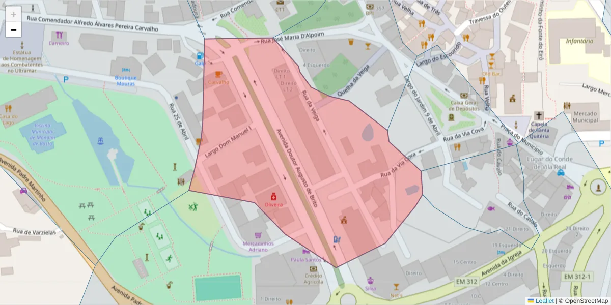 Mapa detalhado do código postal 4880-232 com limites, códigos postais vizinhos e agências dos correios
