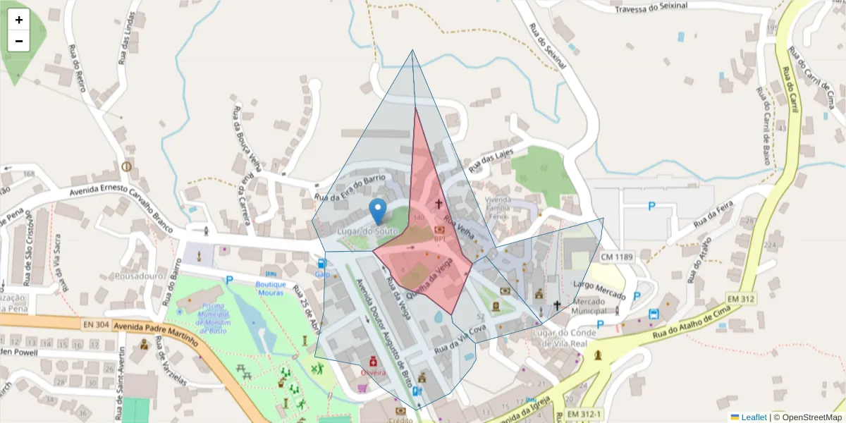 Mapa detalhado do código postal 4880-253 com limites, códigos postais vizinhos e agências dos correios
