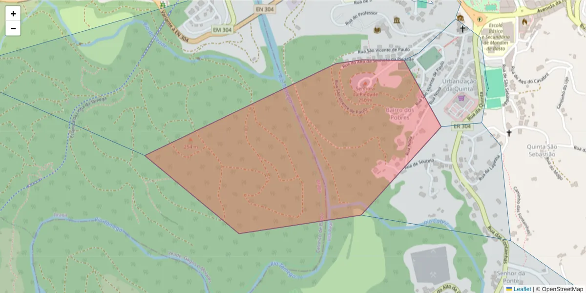 Mapa detalhado do código postal 4880-254 com limites, códigos postais vizinhos e agências dos correios
