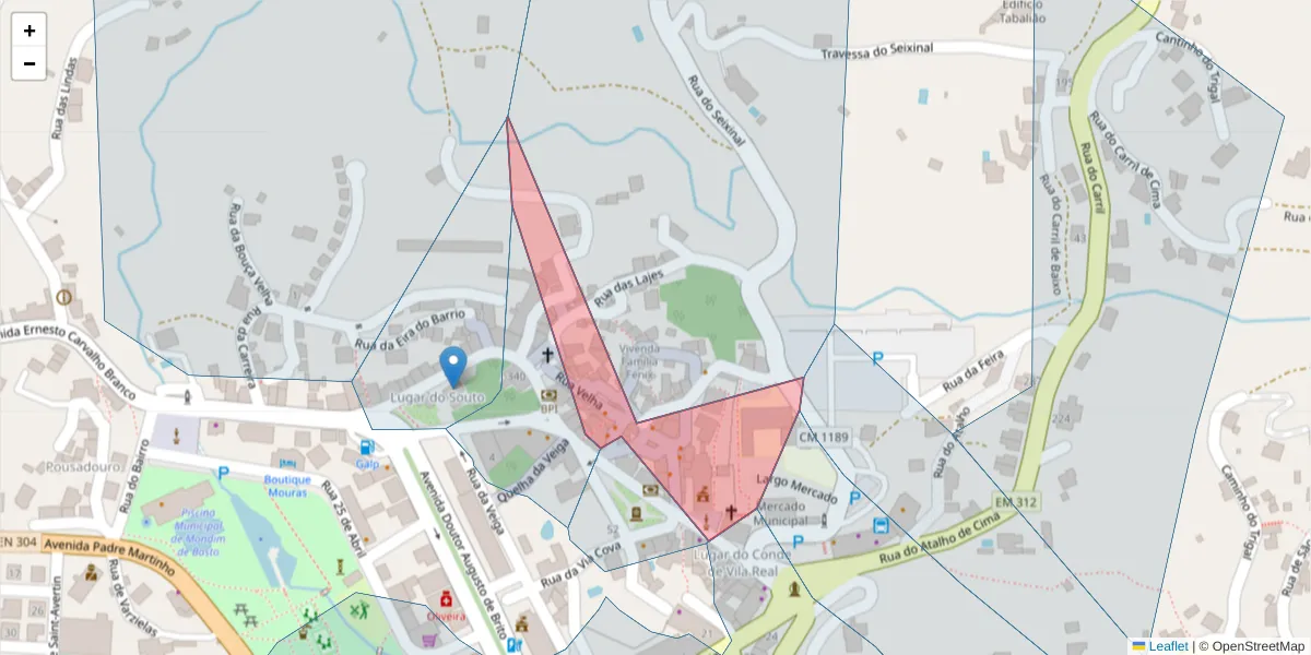 Mapa detalhado do código postal 4880-256 com limites, códigos postais vizinhos e agências dos correios