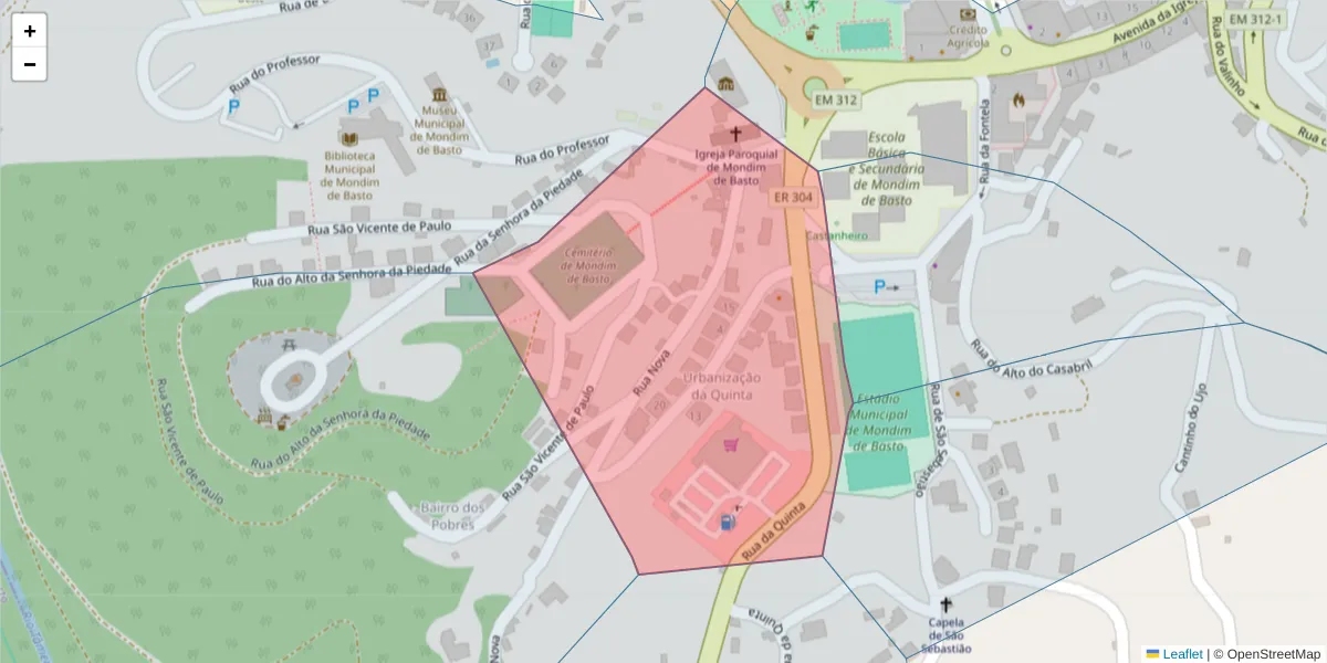 Mapa detalhado do código postal 4880-258 com limites, códigos postais vizinhos e agências dos correios