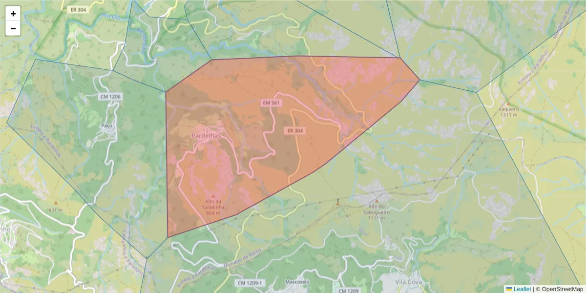 Mapa detalhado do código postal 4880-290 com limites, códigos postais vizinhos e agências dos correios