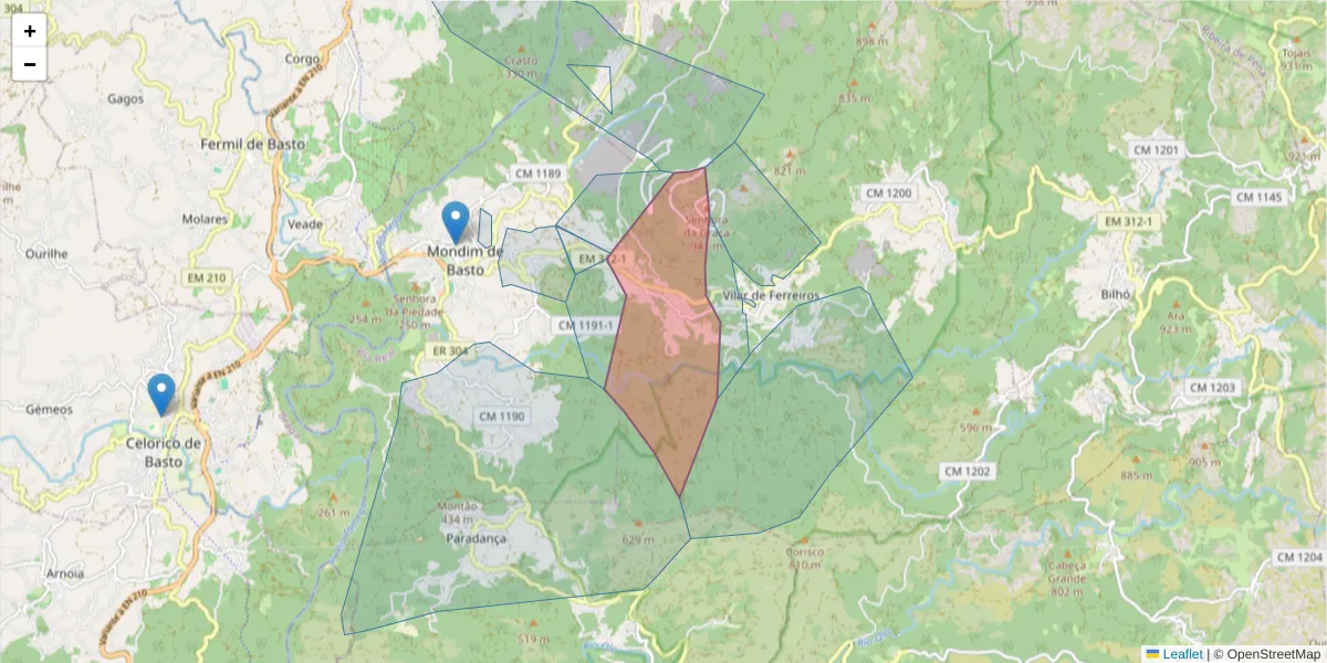 Mapa detalhado do código postal 4880-304 com limites, códigos postais vizinhos e agências dos correios