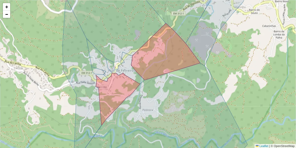 Mapa detalhado do código postal 4880-305 com limites, códigos postais vizinhos e agências dos correios