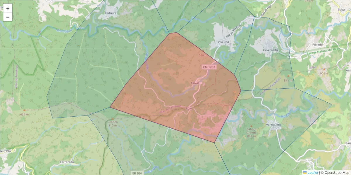 Mapa detalhado do código postal 4880-306 com limites, códigos postais vizinhos e agências dos correios