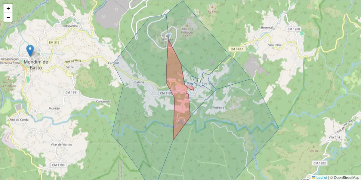 Mapa detalhado do código postal 4880-307 com limites, códigos postais vizinhos e agências dos correios