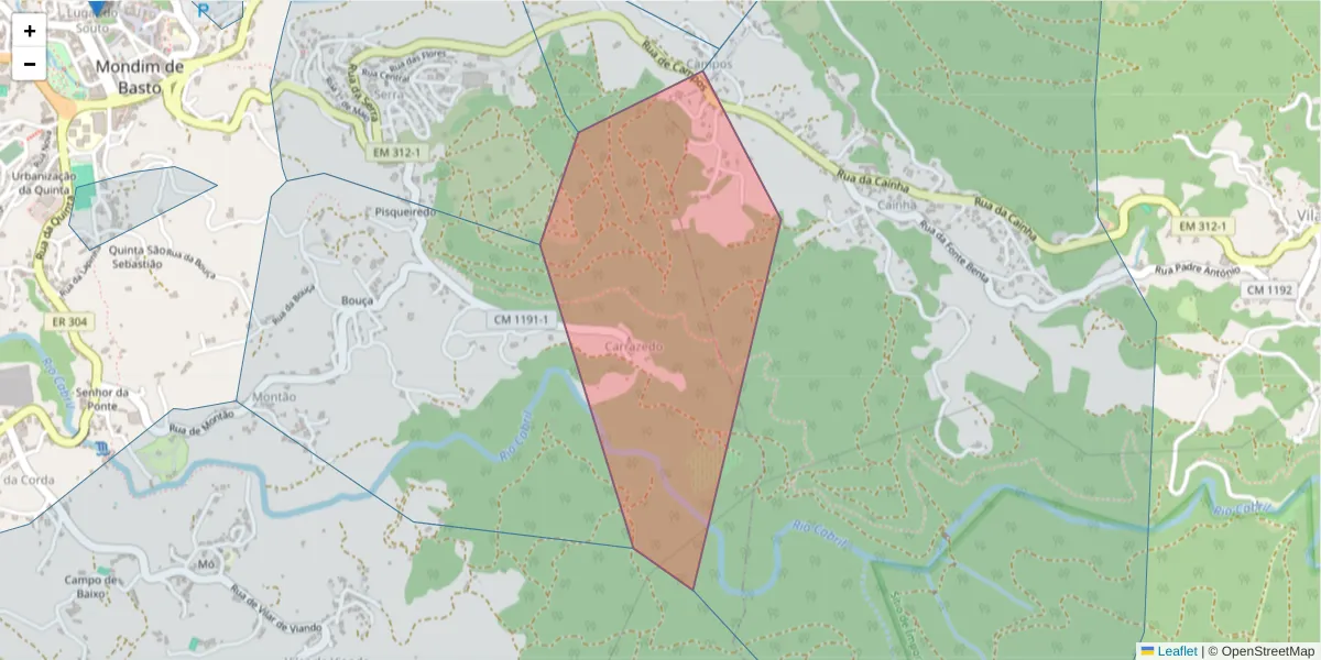 Mapa detalhado do código postal 4880-311 com limites, códigos postais vizinhos e agências dos correios