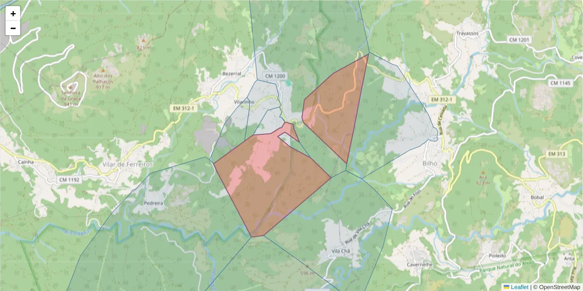 Mapa detalhado do código postal 4880-313 com limites, códigos postais vizinhos e agências dos correios