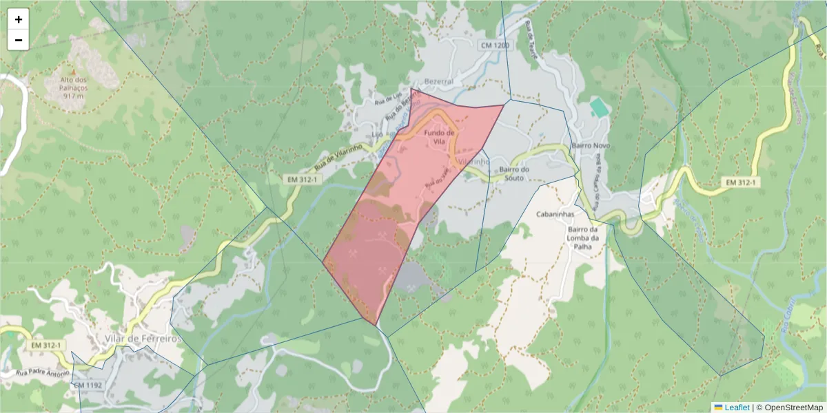 Mapa detalhado do código postal 4880-316 com limites, códigos postais vizinhos e agências dos correios