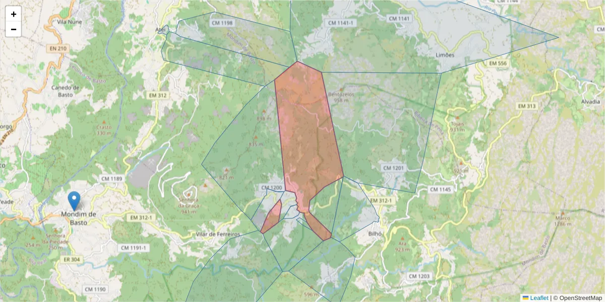 Mapa detalhado do código postal 4880-318 com limites, códigos postais vizinhos e agências dos correios