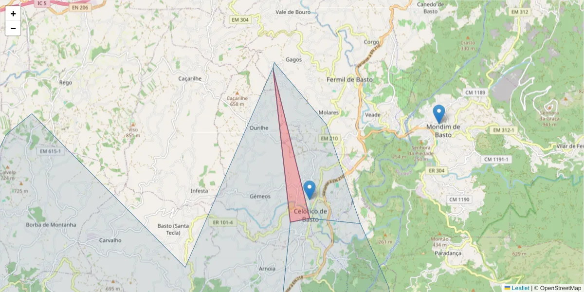 Mapa detalhado do código postal 4890-000 com limites, códigos postais vizinhos e agências dos correios