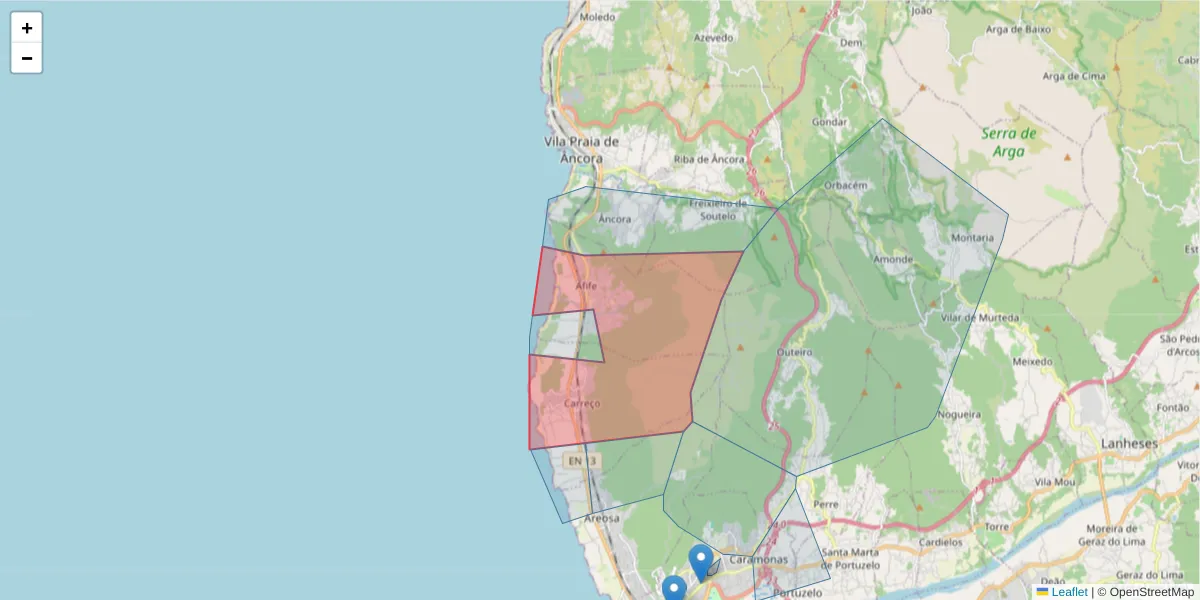 Mapa detalhado do código postal 4900-012 com limites, códigos postais vizinhos e agências dos correios