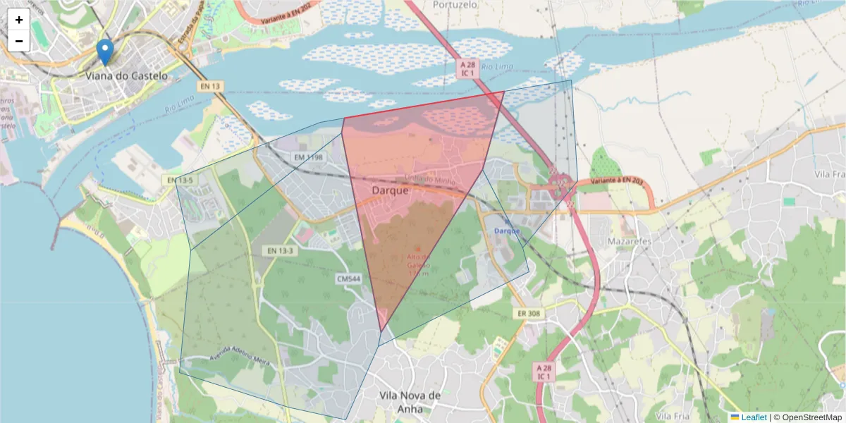 Mapa detalhado do código postal 4900-176 com limites, códigos postais vizinhos e agências dos correios