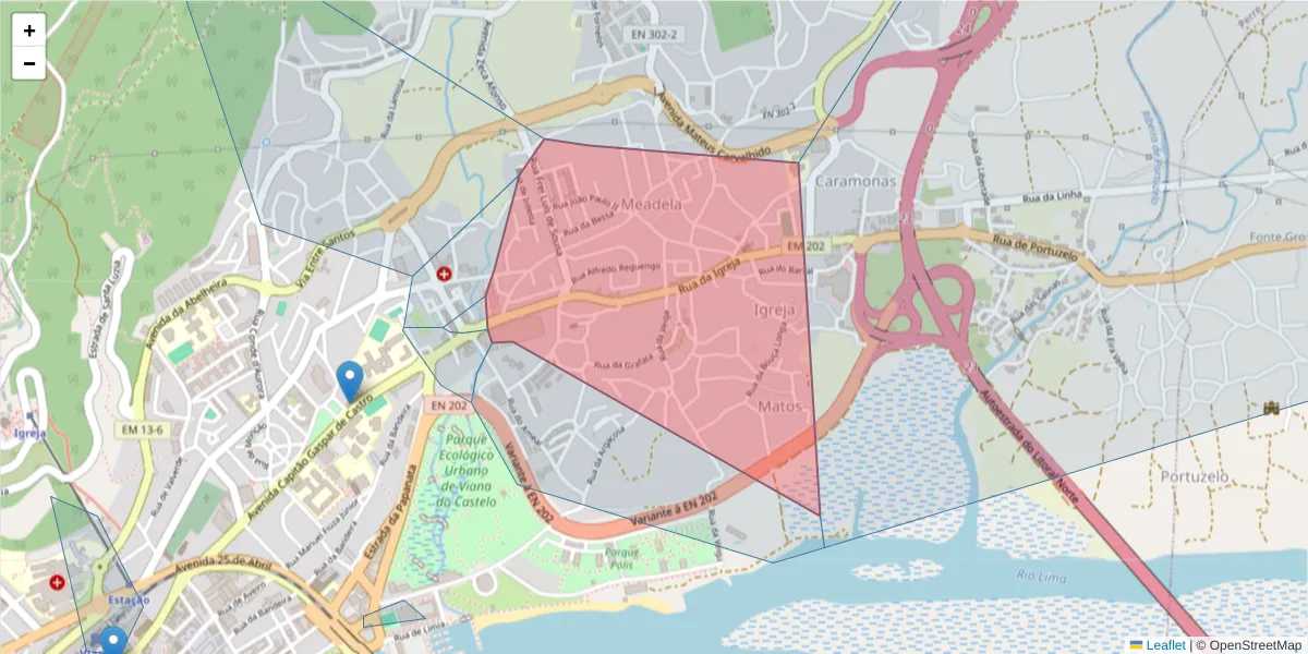 Mapa detalhado do código postal 4900-204 com limites, códigos postais vizinhos e agências dos correios