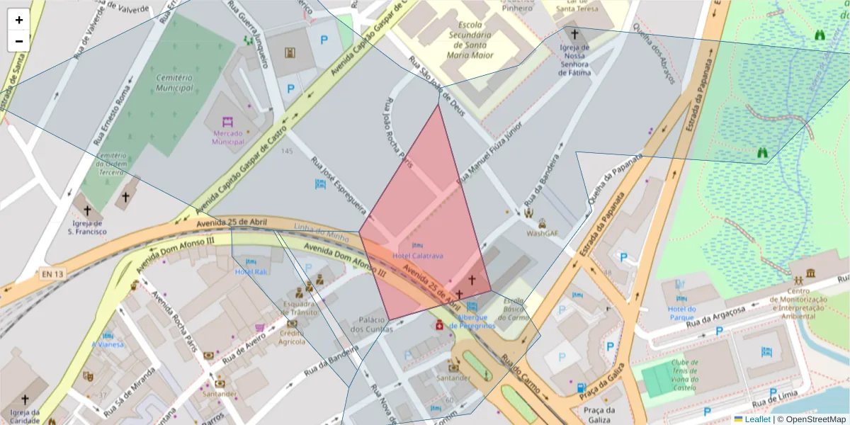 Mapa detalhado do código postal 4900-458 com limites, códigos postais vizinhos e agências dos correios