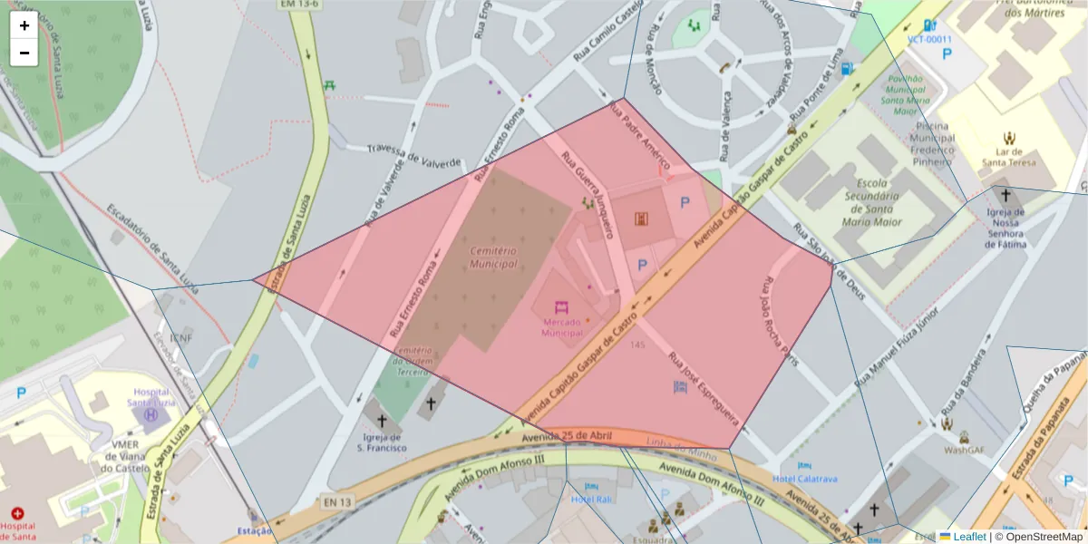 Mapa detalhado do código postal 4900-459 com limites, códigos postais vizinhos e agências dos correios