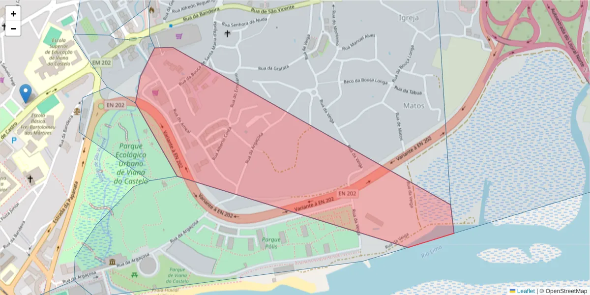 Mapa detalhado do código postal 4900-585 com limites, códigos postais vizinhos e agências dos correios