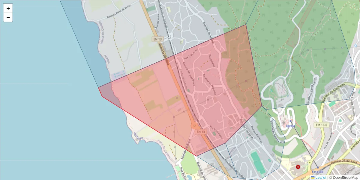 Mapa detalhado do código postal 4900-874 com limites, códigos postais vizinhos e agências dos correios