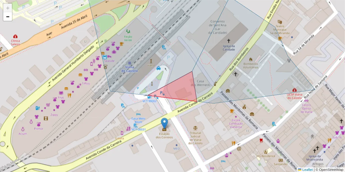 Mapa detalhado do código postal 4900-999 com limites, códigos postais vizinhos e agências dos correios
