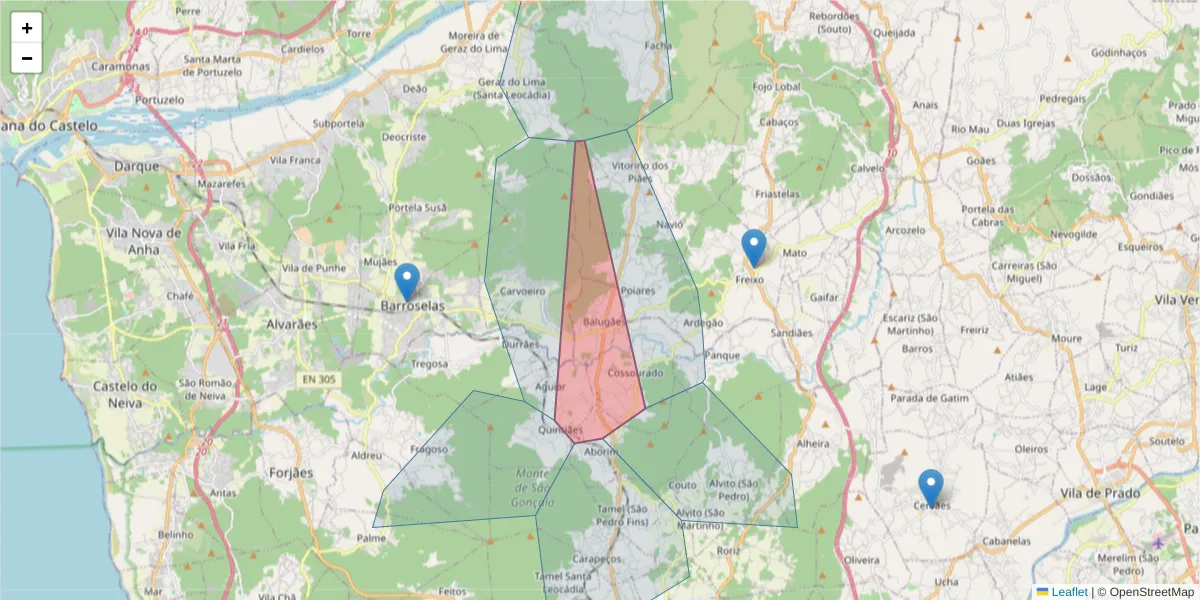Mapa detalhado do código postal 4905-035 com limites, códigos postais vizinhos e agências dos correios