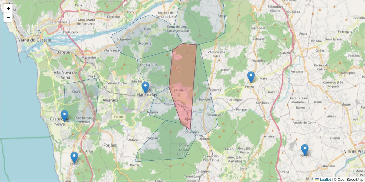 Mapa detalhado do código postal 4905-231 com limites, códigos postais vizinhos e agências dos correios