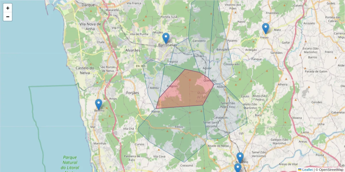 Mapa detalhado do código postal 4905 com limites, códigos postais vizinhos e agências dos correios