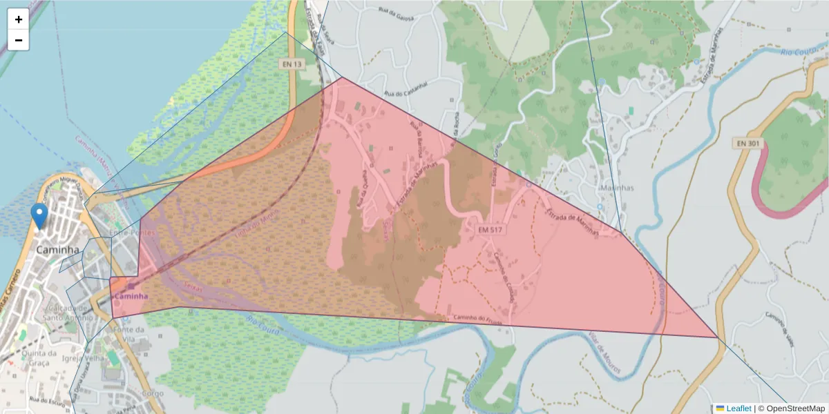 Mapa detalhado do código postal 4910-108 com limites, códigos postais vizinhos e agências dos correios