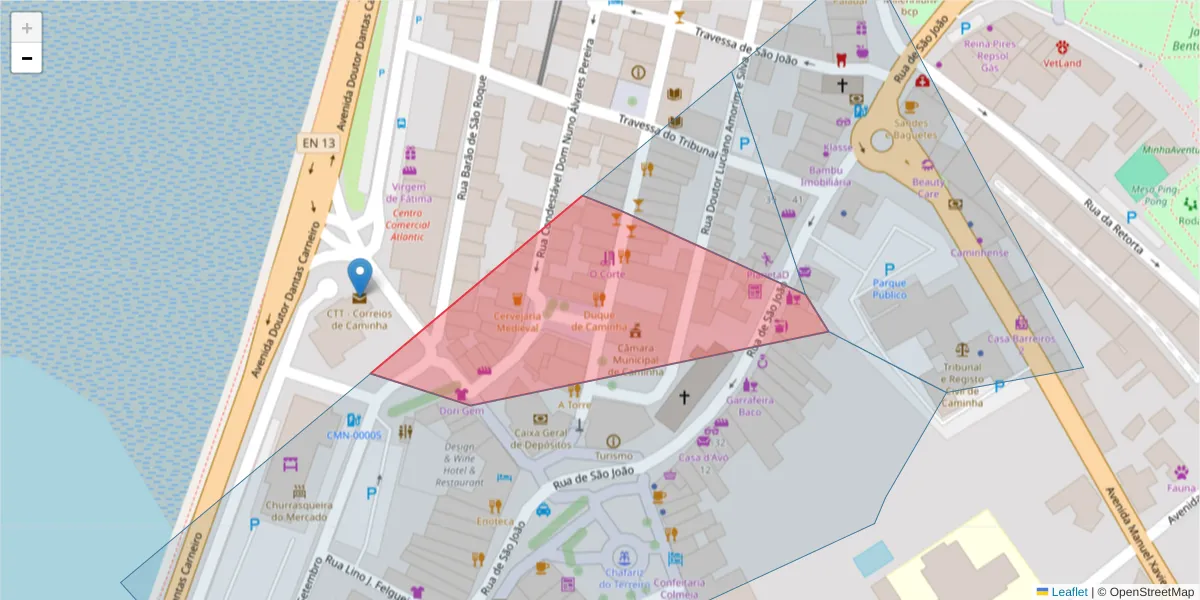 Mapa detalhado do código postal 4910-155 Caminha com limites, códigos postais vizinhos e agências dos correios