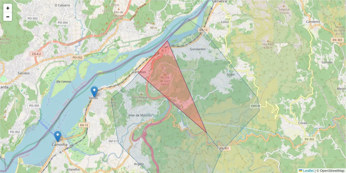 Mapa detalhado do código postal 4910-202 com limites, códigos postais vizinhos e agências dos correios