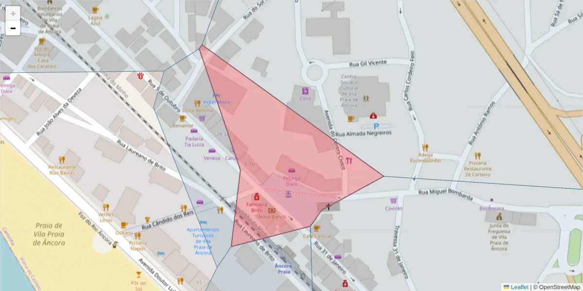 Mapa detalhado do código postal 4910-453 com limites, códigos postais vizinhos e agências dos correios