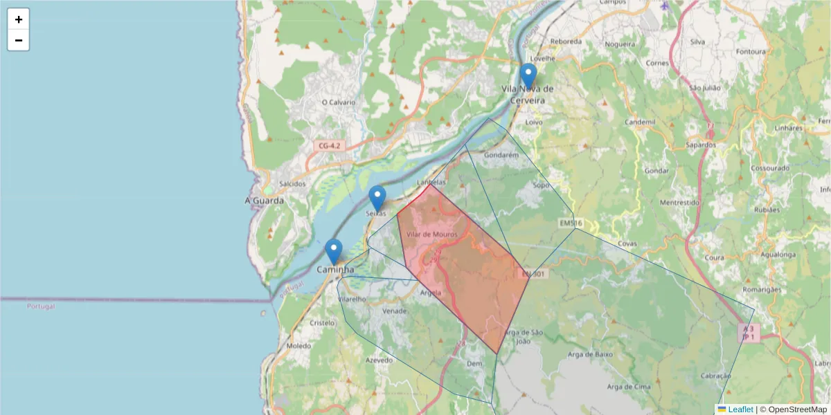 Mapa detalhado do código postal 4910-581 com limites, códigos postais vizinhos e agências dos correios
