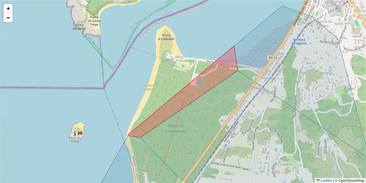 Mapa detalhado do código postal 4910-621 com limites, códigos postais vizinhos e agências dos correios