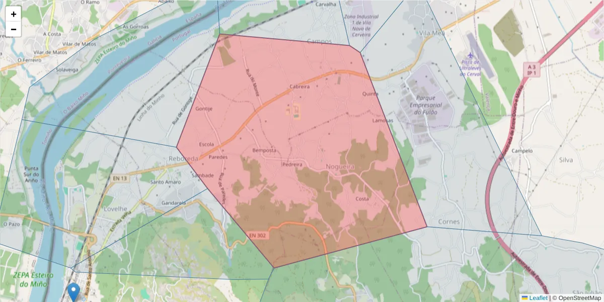 Mapa detalhado do código postal 4920-001 com limites, códigos postais vizinhos e agências dos correios