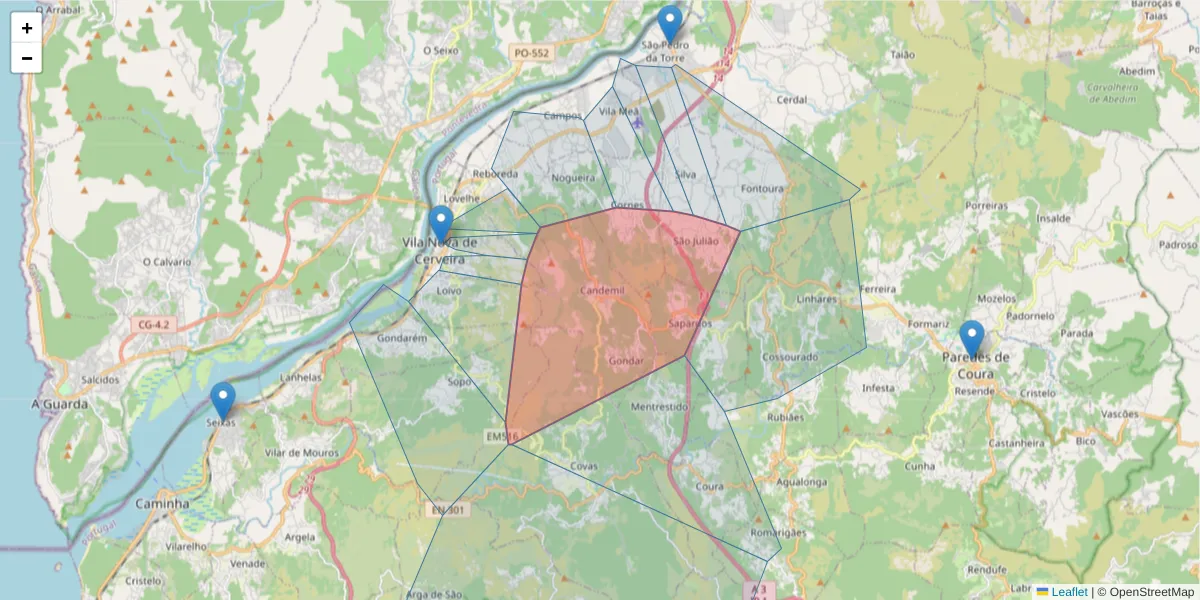Mapa detalhado do código postal 4920-020 com limites, códigos postais vizinhos e agências dos correios